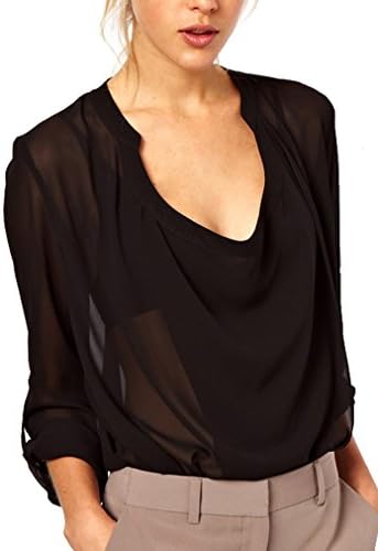 Oure Women Splice Chiffon Long Sleeve Shirts Blouse Layer Top (2XL (Take care Sizes), BLACK)