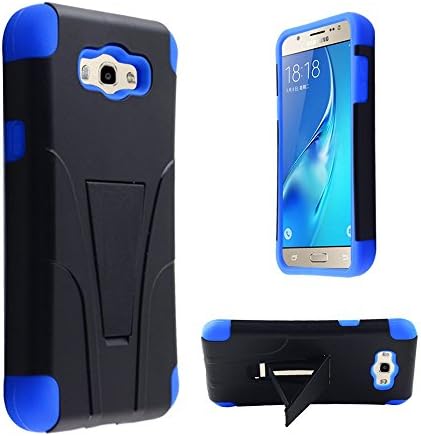 Hybrid Plastic T-Stand Dual Armor Silicone Cover Stand Case +lcd screen protector for Samsung Galaxy J7/J710 (Black/Blue)