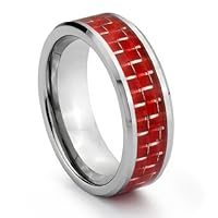 8MM Tungsten Carbide Wedding Band Ring w/ Red Carbon Fiber Inlay (Available Sizes 7-14 Including Half Sizes) (13)