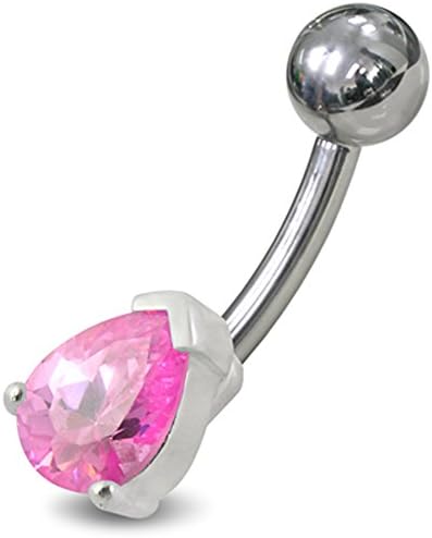 Pink Rose Gems 7x5MM Teardrop 925 Sterling Silver Belly jewelry with 14Gx3/8(1.6x10MM) 316L Surgical Steel Banana and 5MM Ball.