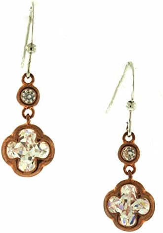 Rose Tone Clover Crystal Dangle Earrings with French Wire Backing