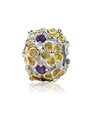 Sterling Silver and 18k Yellow Gold Accent Flowers with Amethyst Gemstone Charm, Fits Pandora and All Brands Charm Bracelets and Bracelets.