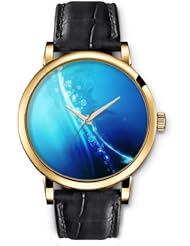 SPRAWL Aanalog Fashion Series Gold Ladies Watches of Genuine Black Leather Strap,Unique Wrist Watch for Women Girls Designed with Bubbles on blue background