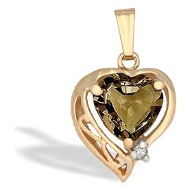 14K Yellow Gold Genuine Heart Smoky Quartz and Diamond Pendant by Jewels For Me