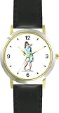 Woman Golfer at End of Swing - Golf Theme - WATCHBUDDY® DELUXE TWO-TONE THEME WATCH - Arabic Numbers - Black Leather Strap-Size-Large ( Men's Size or Jumbo Women's Size )