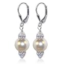 10 MM White Swarovski Pearl And Swarovski Crystal Sterling Silver Leverback 1.5" Long Drop Earrings