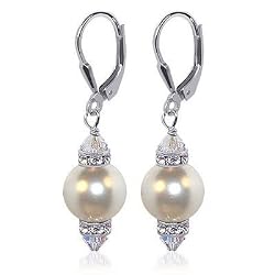 10 MM White Swarovski Pearl And Swarovski Crystal Sterling Silver Leverback 1.5" Long Drop Earrings