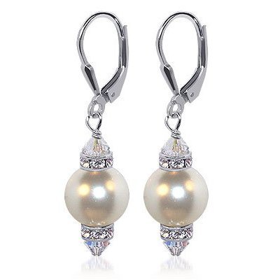 10 MM White Swarovski Pearl And Swarovski Crystal Sterling Silver Leverback 1.5 Long Drop Earrings