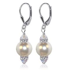 SCER155 Sterling Silver Leverback 1.5" Long Drop Earrings Made with Swarovski Elements 10mm White Faux Pearl and Crystal