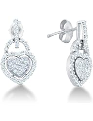 10K Yellow and White Two Tone Gold Channel Pave Set Round Diamond Heart Dangle Earrings with Push Back Closure - (1/3 cttw)