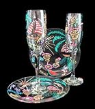 Caribbean Excitement Design - Hand Painted - Matching Set of Toasting Flutes - 6 oz. & 7 inch Cake Plates