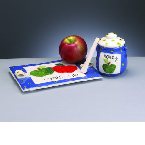 Jewish New Year ROSH HASHANAH Ceramic Honey Dish with Tray