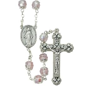 7mm Rose Capped Beads on 35" Rosary Necklace with Silver Plated Crucifix and Center. The Neck Chain Size is 28" Length