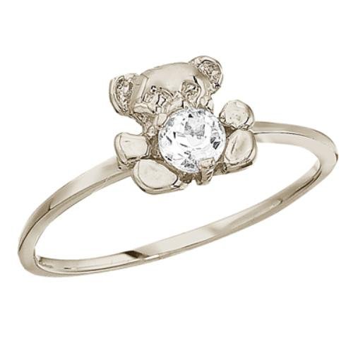 10K White Gold April Birthstone Baby Teddy Bear and White Topaz Ring