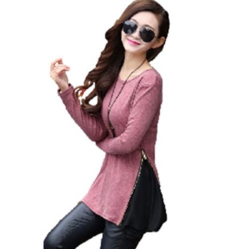 ナナコレクション Nana_Collection 2015 春 Tシャツ 長袖 レディース サイドジッパー エレガント シフォン 異素材 チュニック グレー ブラック レッド S M L XL 2XL