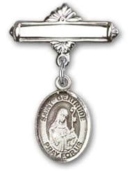 Sterling Silver Baby Badge with St. Gertrude of Nivelles Charm and Polished Badge Pin