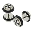Stainless Steel Fake Plug with Iron Cross Logo - 16g Wire - 0g Fake Plug - Sold as a Pair