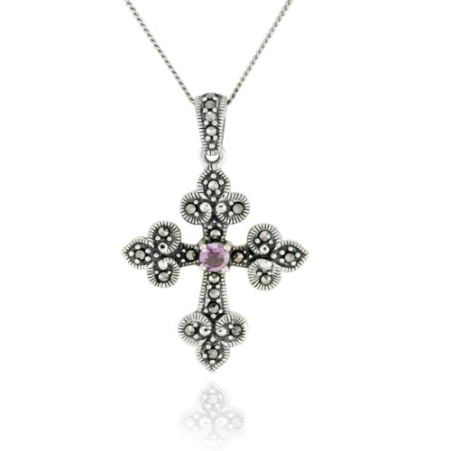 Sterling Silver Marcasite and Amethyst Cross Pendant, 18