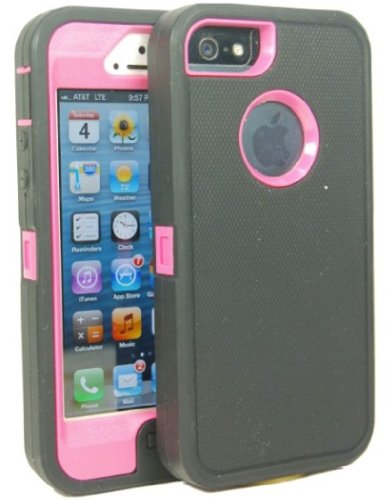 Brand New Iphone 5 5S Body Armor Defender - Comparable to Otterbox Defender + 1pc 3ft Data Cable (Dark Grey on Pink)