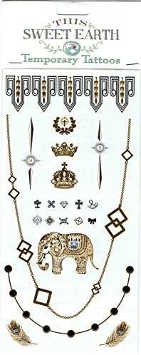 Metallic Gold and Silver Temporary Tattoo Jewelry Beautiful Bling (2 sheets, each 4" x 8"), Elephant, bracelets, crowns, feathers, and more