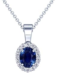 18K White Gold Oval Cut Blue Sapphire And Round Diamond Pendant
