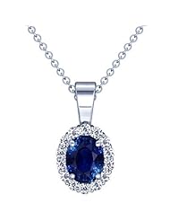 14K White Gold Oval Cut Blue Sapphire And Round Diamond Pendant