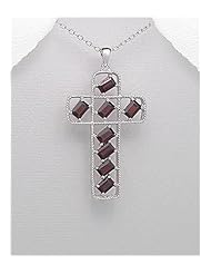 Cross Gem Stones Pendant Necklace In 92.5 Sterling Silver