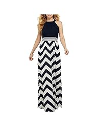 Flared-Skirt Striped Print Zig Zag Illusion Sleeveless Full Length Cotton Bodycon Dress 