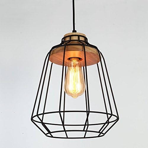 Efine Contemporary Minimalist 1-light Ceiling Pendant Light Fixture Nature Wood Lamp Holder and Black Metal Cage Lampshade Island(Style B)