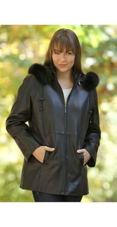 Women's Lynne Hooded Leather Coat with Fox Fur Trim