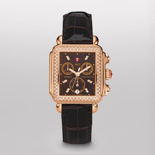 MICHELE Deco Day Diamond Rose Gold, Diamond Dial Espresso Alligator