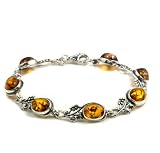 Certified Genuine Baltic Honey Amber and Sterling Silver Old Fashion Style Grape Vine Bracelet, 7"