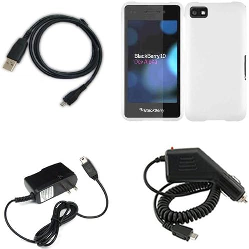 iFase Brand Blackberry Laguna Z10 Combo Rubber White Protective Case Faceplate Cover + Home Wall Charger + Rapid Car Charger + USB Data Charge Sync Cable for Blackberry Laguna Z10
