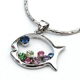 BUYINHOUSE Rainbow Colored Gem Studded Fish Necklace, Lovely Colorful Faux Rhinestone