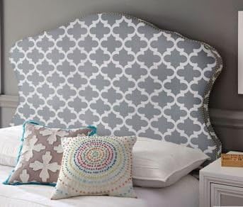 Full Bed Headboard Padded Fabric Upholstery Gray &amp; White Moroccan Trellis Pattern