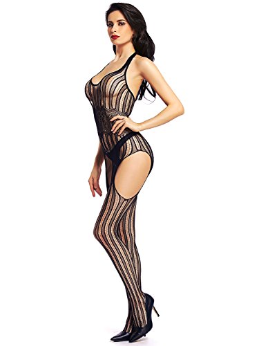 Amoretu Womens Striped Lingerie Halter Bodysuits Suspender Bodystocking, Black1, One Size