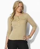 Lauren by Ralph Lauren Plus Size Top, Dahlia Three-Quarter Sleeve Twill Trim Knit Sand Dune 1X
