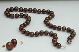Stylish Genuine Fresh Water Cultured & 10kt Gold Pearl Necklace& Earrings Set - Chocolate Color