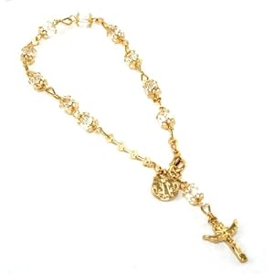 Gorgeous 24k Gold Layered Genuine Clear Crystal Filigree Beaded Rosary Bracelet with Crucifix ~...