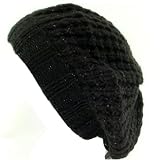 CROCHET BERET TAM CHUNKY KNIT SLOUCH LUREX HAT BLACK MEDIUM LARGE