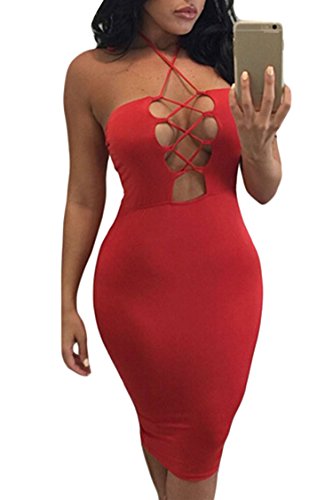 Merry21 Womens Sleeveless Low Cut Lace Up Bodycon Party Bandage Midi Dress