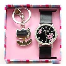 Reflex 1014310S - Montre Fille - Quartz Analogique - Bracelet et cadran noirs fleuris - Porte-clé - Boîte à cadeaux