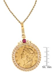 $20 Liberty Gold Piece Double Eagle Coin in 14k Gold Twisted Rope Bezel w/Ruby (18" - 14k Gold Rope Chain)