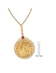 $20 Liberty Gold Piece Double Eagle Coin in 14k Gold Twisted Rope Bezel w/Ruby (30" - 14k Gold Rope Chain)