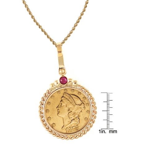$20 Liberty Gold Piece Double Eagle Coin in 14k Gold Twisted Rope Bezel w/Ruby
