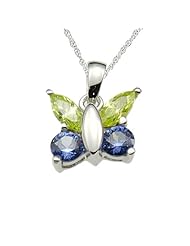 925 Sterling Sliver Green/Blue Cubic Zirconia Butterfly Pendant/Necklace 18 Inches 925 Silver Chain