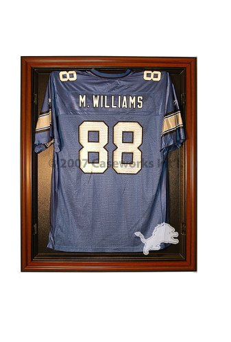 Detroit Lions Football Jersey Display Case Cabinet Style with Classic Wood Finish Frame