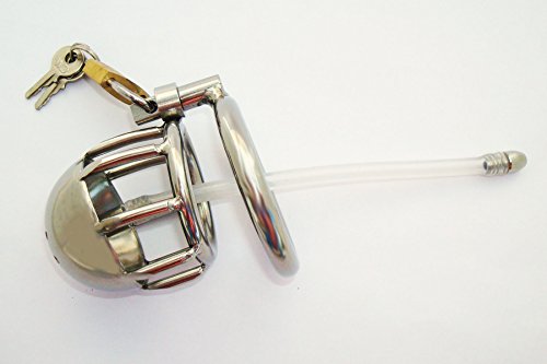 "Lyon" Male Chastity Device 2" (5cm) Short Cage w/ Silicone Sound Urethral Dilator Penis Plug . Heavy Duty Steel (2" 5cm Cock Base Ring)