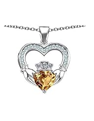 Celtic Love by Kelly (tm) Hands Holding 8mm Crown Heart Claddagh Pendant with Simulated Imperial Yellow Topaz in 925 Sterling Silver