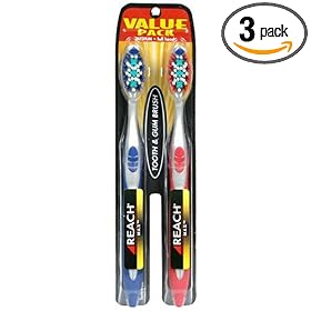 Reach Max Tooth & Gum Brush, Medium, Full Head, Assorted Colors, 2-Count Toothbrushes (Pack of 3)